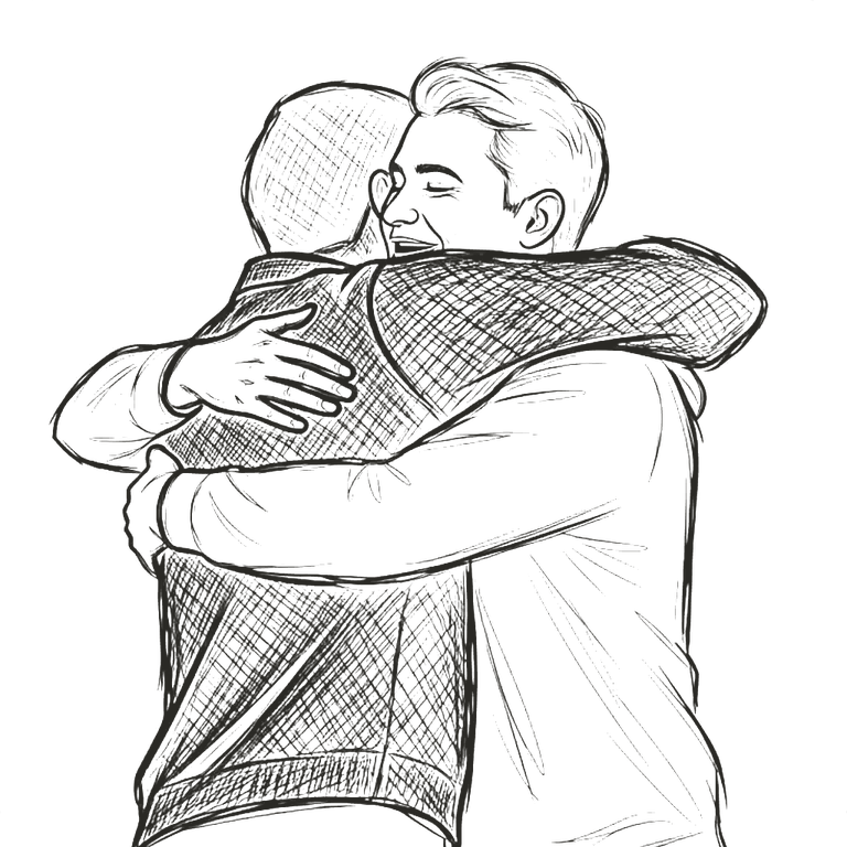 Pencil illustration of two friends embracing